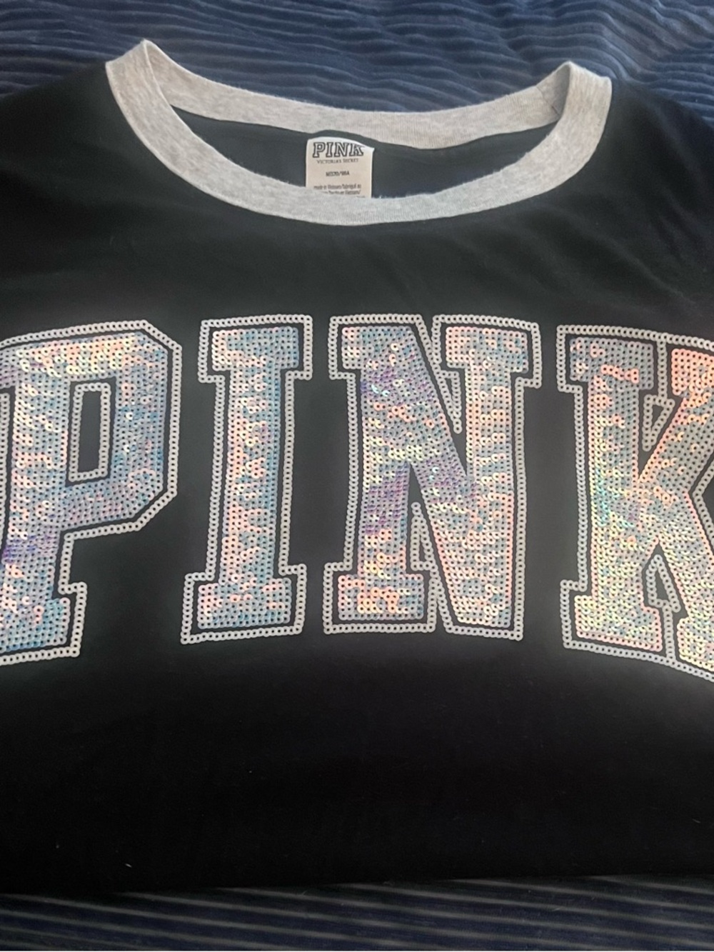 PINK Victoria's Secret Black Long Sleeve Tee with Iridescent Sequin Logo